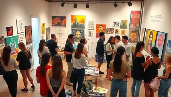 A vibrant art studio setting with creative professionals showcasing their work, engaging in artistic discussions, and networking with industry peers against a backdrop of colorful artworks and inspirational quotes, capturing the essence of creative identity and self-expression.