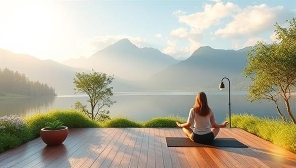 An immersive digital oasis featuring serene nature scenes, calming sounds, and virtual wellness activities like yoga and meditation, offering a glimpse into the tranquil and transformative experience of a virtual wellness retreat through a screen.