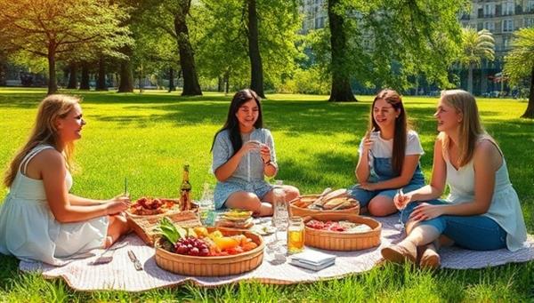 A beautifully set up picnic scene in a lush green park, featuring a spread of organic treats, eco-friendly utensils, and biodegradable packaging, with happy customers enjoying a sustainable dining experience under the sun.