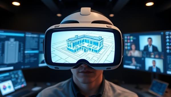 A virtual reality headset displaying a 3D construction project plan, surrounded by digital screens showing progress updates and a team meeting virtually, symbolizing efficient and modern project management.