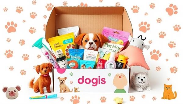 An adorable pet-themed subscription box filled with toys, treats, grooming products, and accessories for dogs and cats, surrounded by playful pet paw prints and colorful pet illustrations, evoking joy and excitement for furry friends and their owners.