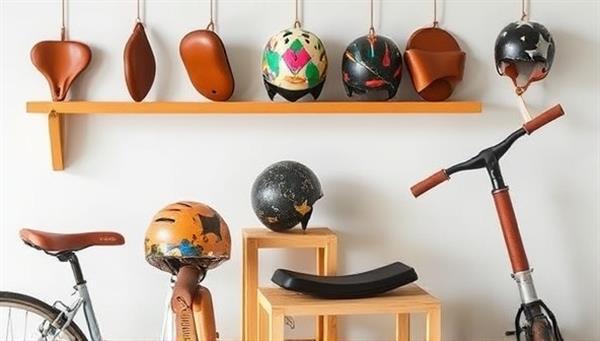 An aesthetically pleasing visual showcasing a variety of artisanal ride accessories such as leather bike saddles, hand-painted helmets, and sustainable scooter grips displayed in a modern and stylish setting, capturing the essence of unique and curated products available on RideCraft Market.