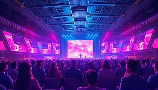 An illustration of a futuristic virtual concert hall filled with digital avatars of attendees enjoying a live performance on stage, with vibrant lighting effects and interactive elements creating an immersive experience.