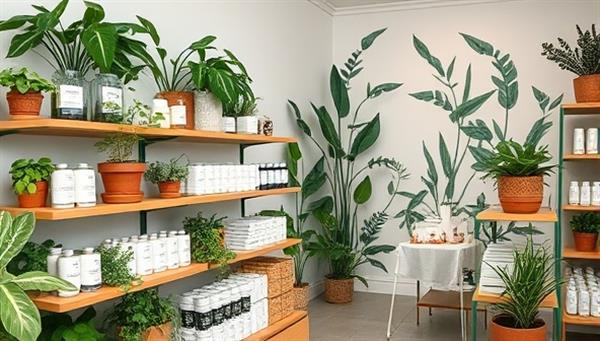 A serene and natural beauty store setting with shelves adorned with lush green plants, minimalist packaging of plant-based skincare products, and a cozy consultation area with a botanical backdrop, creating a tranquil and inviting space for self-care and wellness exploration at Leafy Glow Co.
