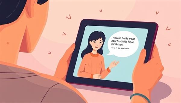 An emotional illustration showing a person receiving virtual mental health support on a tablet or laptop, with a compassionate therapist on the screen providing guidance and empathy, symbolizing the power of technology in mental wellness.