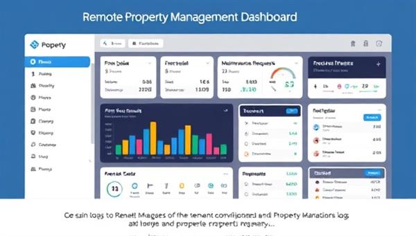 A sleek and modern digital dashboard interface displaying property listings, financial summaries, maintenance requests, and tenant communication logs, showcasing the convenience and efficiency of the Remote Property Management Dashboard for landlords and property managers.
