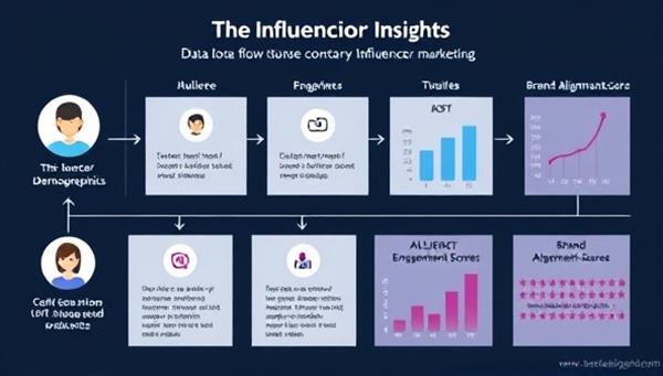 An infographic illustrating the data flow within the Influencio Insights platform, showing influencer profiles, audience demographics, engagement metrics, and brand alignment scores, highlighting the platform