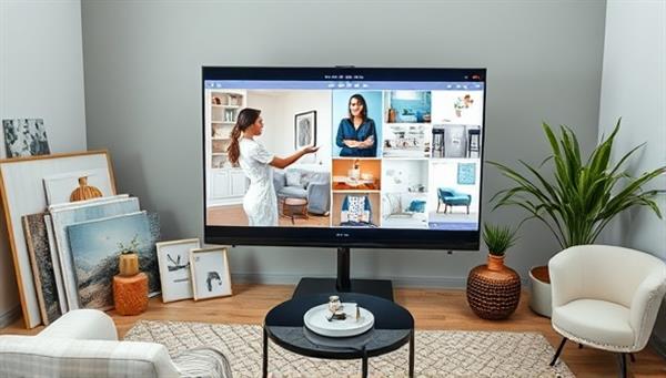 A virtual design consultation session featuring a designer presenting a digital mood board and design concepts on a screen, surrounded by interior design samples and décor elements, creating a visually appealing and informative virtual design experience.