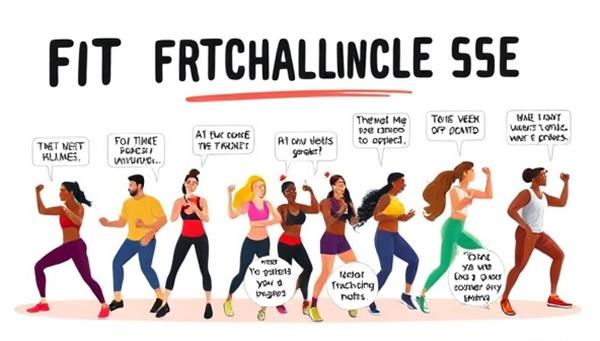 An energetic and dynamic digital illustration of a group of diverse individuals participating in a virtual fitness challenge, showcasing different workout styles, motivational captions, and wellness tips, symbolizing the inclusive and empowering atmosphere of FitFusion Challenge