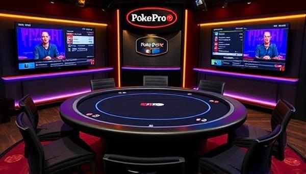 A professional poker table setup with digital screens displaying live coaching sessions, hand analysis graphics, and real-time player feedback, creating an immersive and educational atmosphere for poker enthusiasts at PokerPro Live.