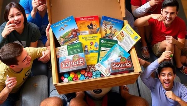 A subscription box filled with colorful board game components, dice, cards, and rulebooks, surrounded by images of excited gamers unboxing the crate and exploring the contents, symbolizing surprise and discovery in each delivery.