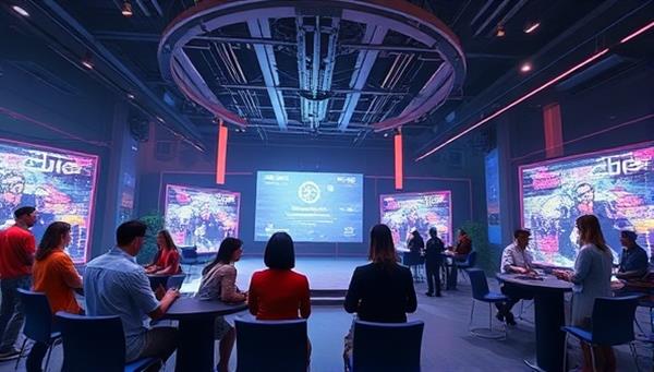 A dynamic virtual event setup with a diverse group of avatars interacting in a futuristic virtual world, showcasing the immersive and interactive nature of virtual events on EventSpark.