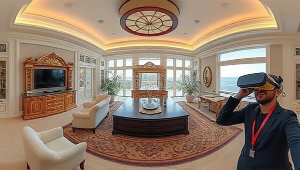 A captivating virtual tour experience showcasing a luxurious home with interactive features, 360-degree views of each room, and virtual reality headset users exploring the property seamlessly, capturing the immersive and innovative essence of 360Visions Realty