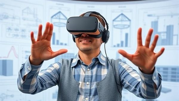 An individual wearing a VR headset, gesturing and interacting with a virtual construction site, surrounded by digital blueprints and 3D models, showcasing the futuristic and cutting-edge nature of VR construction simulation.