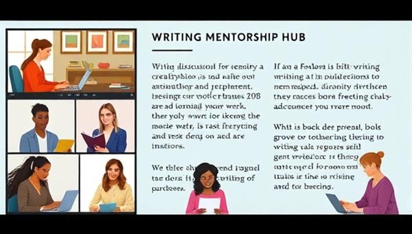 An online writing community hub with virtual mentorship sessions in progress, featuring a diverse group of writers engaging in creative discussions, receiving feedback from mentors, and sharing writing tips and insights, fostering a collaborative and inspiring environment.