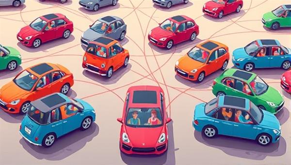 A vibrant and dynamic graphic showing a network of interconnected cars with diverse passengers, symbolizing the concept of shared rides and community collaboration.