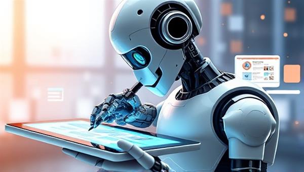 An artistic representation of a robot using a digital pen to sketch out various website designs on a futuristic tablet, symbolizing the AI-powered creativity of DesignGen AI.