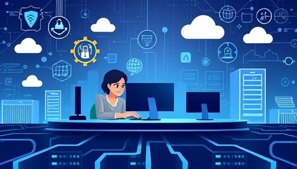 An illustration of a virtual IT team working together on a digital platform, with cybersecurity icons, cloud servers, and network diagrams in the background, symbolizing remote IT consulting and digital solutions.