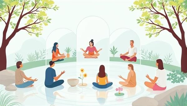 A serene digital artwork depicting a diverse group of people engaging in virtual therapy sessions and mindfulness practices, surrounded by calming nature elements like trees and flowing water, symbolizing peace and emotional support.