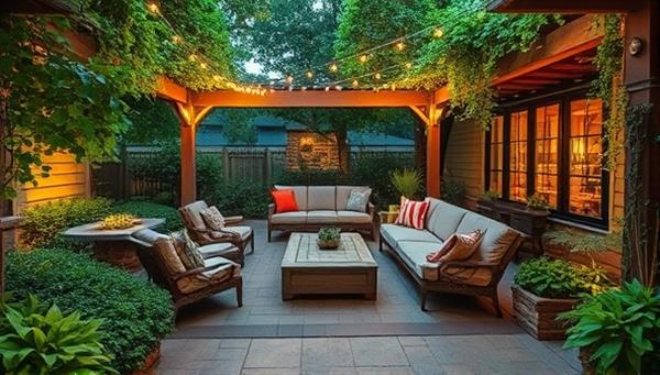 An enchanting outdoor patio setting with lush greenery, cozy seating, and ambient lighting, illustrating the serene and inviting outdoor living spaces that NatureNook Designs can create for homeowners seeking a natural retreat.