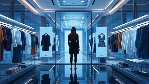 An elegant and futuristic visual of a virtual dressing room with a mirrored screen displaying outfit suggestions on a user while they stand in front, surrounded by digital clothing options and accessories, embodying a seamless and interactive shopping experience.
