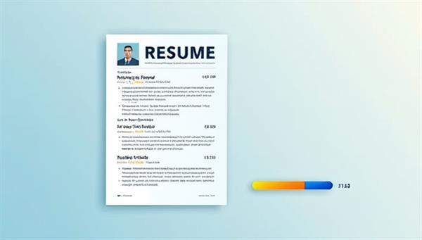 An artistic representation of a resume document transforming into a digital, optimized version through AI algorithms, with keywords and skills highlighted, formatting enhanced, and a success bar indicating the resume
