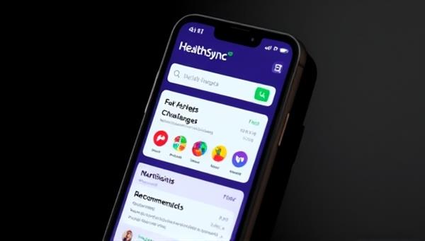 A smartphone screen displaying the HealthSync app dashboard with personalized health goals, fitness challenges, and nutritional recommendations, accompanied by vibrant health icons and motivational quotes, promoting a holistic approach to well-being.