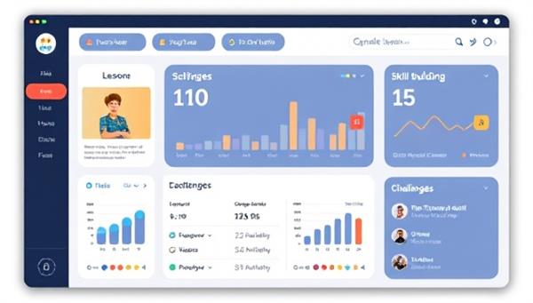 An AI tutor interface displaying a personalized learning dashboard with interactive lessons, progress trackers, and skill-building challenges, illustrating the adaptive and engaging nature of the platform.