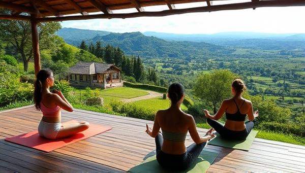 An idyllic retreat setting featuring a tranquil yoga session overlooking a scenic estate landscape, with participants in serene meditation poses, surrounded by lush greenery and peaceful nature sounds, embodying the ZenEstateEscape experience of relaxation and rejuvenation.