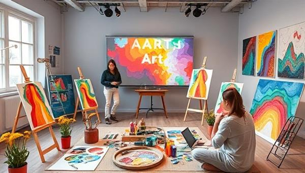 An interactive virtual art workshop setup featuring an artist guiding participants through a painting session, with colorful art supplies, canvases, and creative inspiration displayed on screen, creating a vibrant and immersive art environment that encourages artistic exploration and self-expression.
