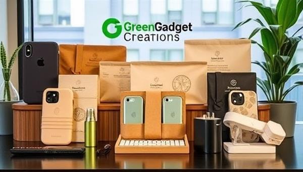 An array of GreenGadget Creations sustainable tech accessories displayed in a modern tech setup, featuring eco-friendly phone cases, biodegradable laptop sleeves, and recycled plastic chargers, with a focus on stylish design and sustainability, appealing to environmentally conscious tech users.