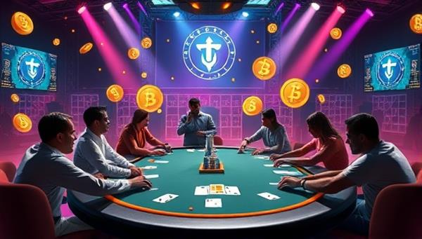 A dynamic and thrilling image of digital poker tables with cryptocurrency symbols in the background, depicting players from around the world engaging in intense poker gameplay and competing for valuable crypto prizes, capturing the essence of the CryptoPoker tournament experience.