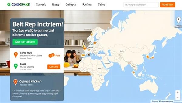 An online platform interface showcasing a map of available commercial kitchen spaces for rent, along with user reviews and ratings, inviting culinary enthusiasts and aspiring food entrepreneurs to explore cooking opportunities and collaborations through CookSpace Connect