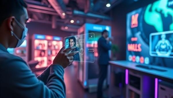 An exciting visual representation of a user interacting with an AR-advertised product in a virtual space, highlighting the immersive and interactive nature of augmented reality advertising.