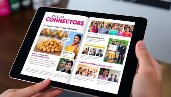A digital tablet displaying a vibrant and interactive page from the Culture Connectors magazine, showcasing colorful cultural imagery, engaging videos, and a calendar of upcoming local events, inviting readers to explore and connect with diverse cultures.