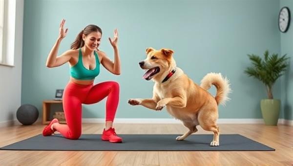 A dynamic virtual pet workout session with a fit pet owner and their energetic dog engaging in fun exercises together, showcasing the active and healthy lifestyle promoted by FitFido Wellness coaching services in a digital fitness setting.