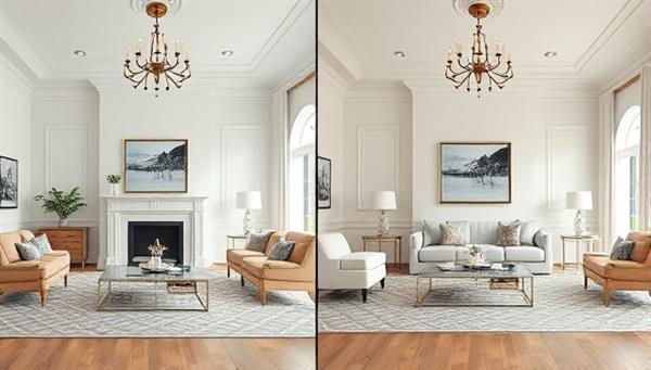 An elegant virtual staging setup featuring a beautifully designed living room transformation, with side-by-side images showing the original space and the virtually staged room, demonstrating the potential of virtual staging to elevate property visuals and attract buyers.