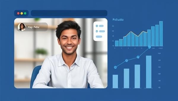 A digital platform interface showing a user engaging with a financial coach via video call, with charts and graphs depicting financial progress in the background, symbolizing growth and empowerment.
