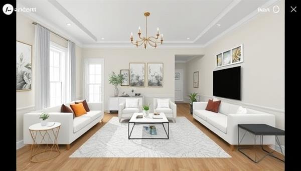 A virtual room simulation showcasing a beautifully designed living space with VirtuDecor Consult branding, featuring aesthetically pleasing decor elements, furniture arrangements, and color schemes, highlighting the transformative power of virtual interior design consultations.