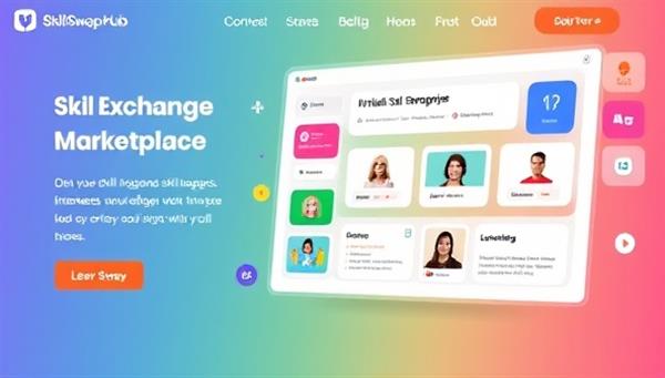 A vibrant and interactive online platform design featuring a virtual skill exchange marketplace with colorful icons representing different skill categories, user profiles showcasing skill offerings and learning interests, and a dynamic skill swap interface where users can connect and exchange knowledge, highlighting the collaborative and educational essence of SkillSwap Hub.