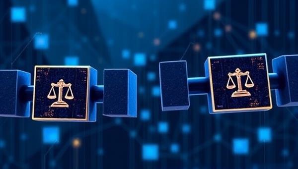 An artistic representation of interconnected blocks forming a chain with legal symbols embedded, symbolizing the fusion of blockchain technology and legal contracts in a digital ecosystem, representing innovation and security in legal agreements.