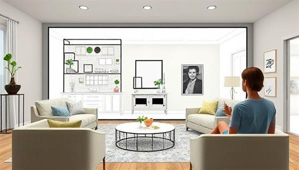 A virtual interior design session with a designer and a client exploring room layout options, color palettes, and furniture choices through a digital mood board and virtual room visualization, creating a collaborative and visually immersive design experience.