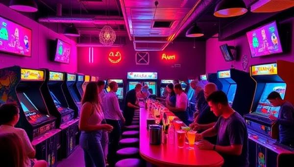 A vibrant arcade bar setting with neon lights, retro arcade machines lining the walls, guests playing Pac-Man and Space Invaders, and bartenders crafting colorful cocktails behind a bar adorned with pixel art, encapsulating the energetic and nostalgic atmosphere of PixelPlay Haven.