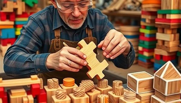 An artisan carving a wooden puzzle piece with intricate details and craftsmanship, surrounded by stacks of colorful wooden blocks and toys, illustrating the artistry and creativity behind artisanal wooden toy manufacturing.