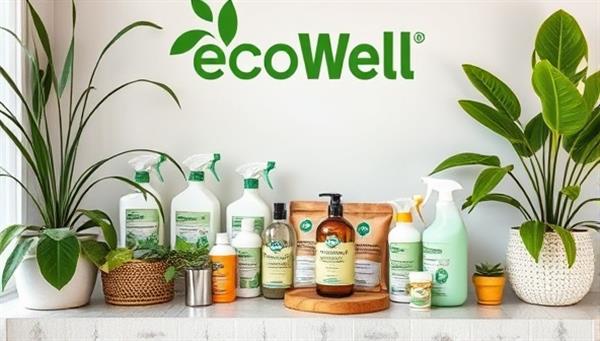 A cozy home setting with eco-friendly cleaning supplies, natural personal care products, and recyclable household items neatly arranged, surrounded by lush green plants and sustainable living accents, representing the eco-conscious lifestyle promoted by EcoWell Home Kits.