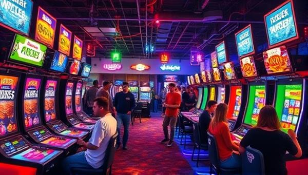 An energetic and vibrant arcade setting with players immersed in intense gaming competitions, surrounded by colorful lights and cheering crowds, capturing the dynamic atmosphere of the arcade betting arena.