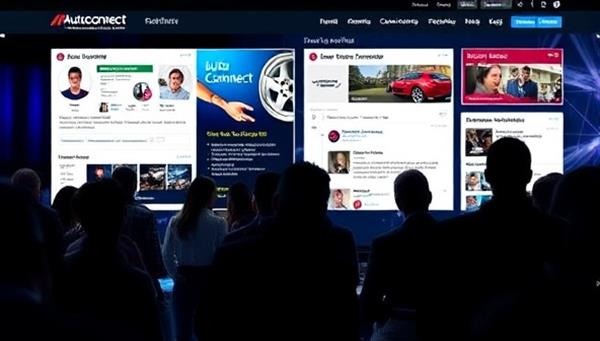 A dynamic social networking platform interface showcasing profile pages, group discussions, and event notifications, with vibrant graphics and interactive features that invite users to connect and engage within the AutoConnect Community