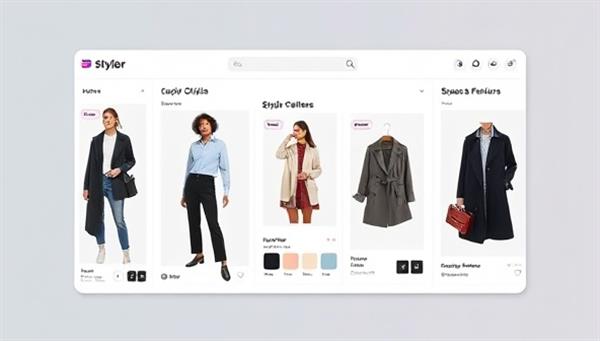 A sleek and modern virtual styling platform interface showing different outfit options, color palettes, and style recommendations, creating a visually appealing and user-friendly experience.