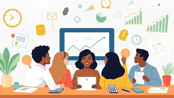 An illustrative depiction of a diverse group of individuals engaging in a virtual financial literacy course, surrounded by interactive financial tools, graphs, and calculators, symbolizing empowerment and knowledge in personal finance management.