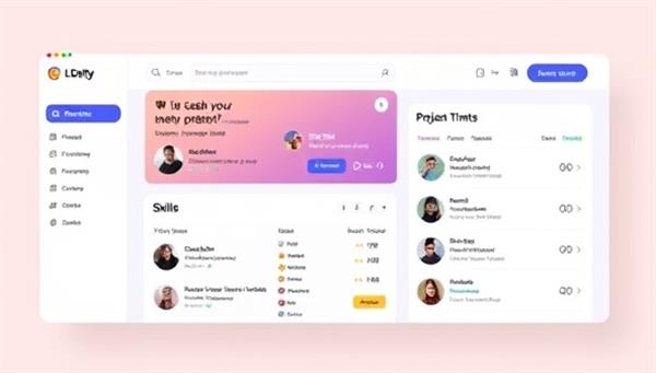 An engaging platform interface mockup showing a user-friendly dashboard with project listings, skill categories, and ratings, highlighting the simplicity of finding and hiring skilled professionals for short-term projects.